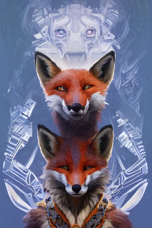 Image similar to symmetry!! portrait of fox furry in the style of horizon zero dawn, machine face, intricate, elegant, highly detailed, digital painting, artstation, concept art, smooth, sharp focus, illustration, art by artgerm and greg rutkowski and alphonse mucha, 8 k