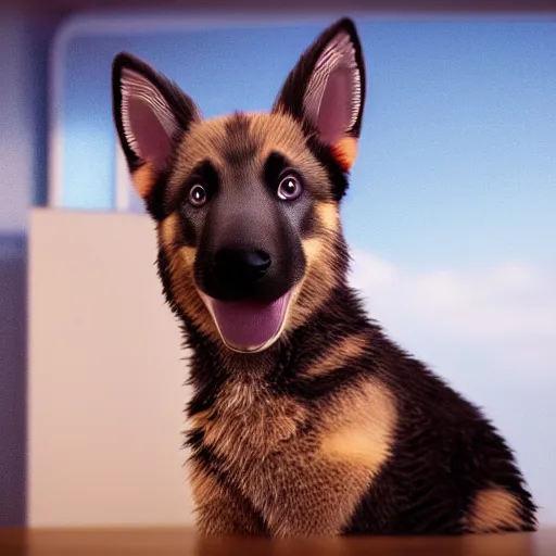 Image similar to eye - level view, a super cute gsd puppy ate my homework in my room and woke up the next day smart, hilarious, funny, back to school comedy, cg animation, 3 d octane render, imax 7 0 mm,