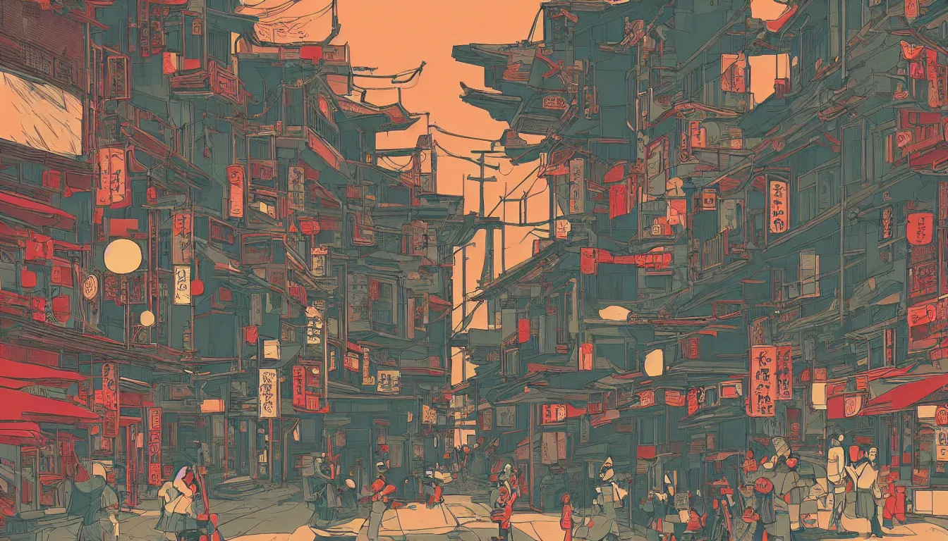 Prompt: old Japanese Street scene by Kilian Eng, minimalist, detailed