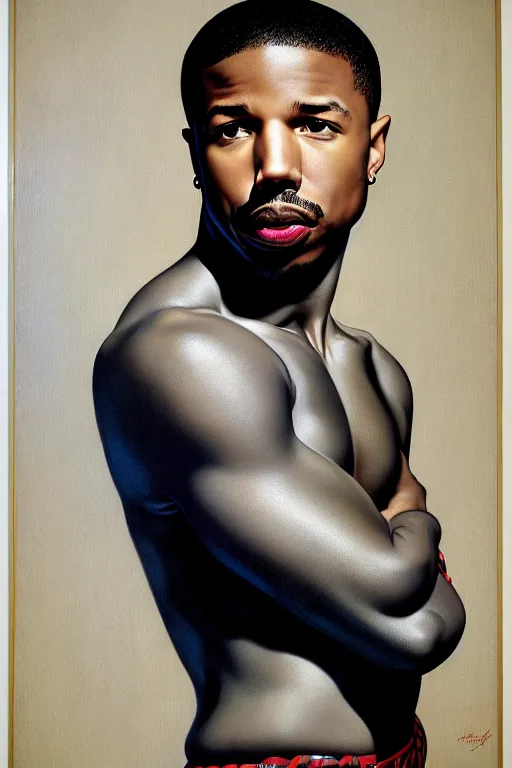 Image similar to michael b. jordan by gil elvgren and norman rockwell and rob gonsalves and hajime sorayama, hyperrealistic, high detail, ultra detailed, highly detailed face, ruffled fabric