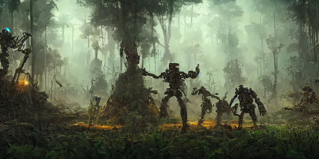 Image similar to guerrillas reed - people fighting robot in futuristic spiritual mystical post apocalyptic swampy forest drawn by ron gilbert, dim painterly volumetric aquatic lighting, scenic, beautiful, crisp, artstation, highly detailed