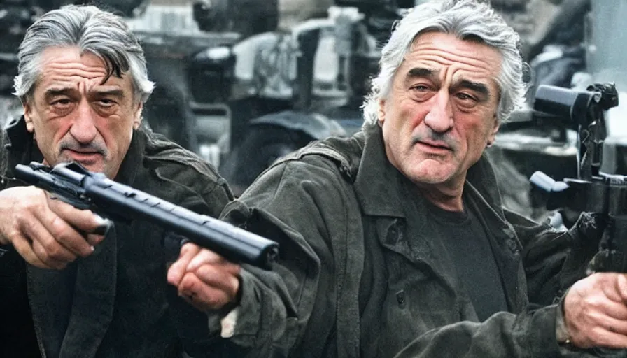 Image similar to Robert De Niro fires M16, movie still, sharp, highly detailed, hollywood movie