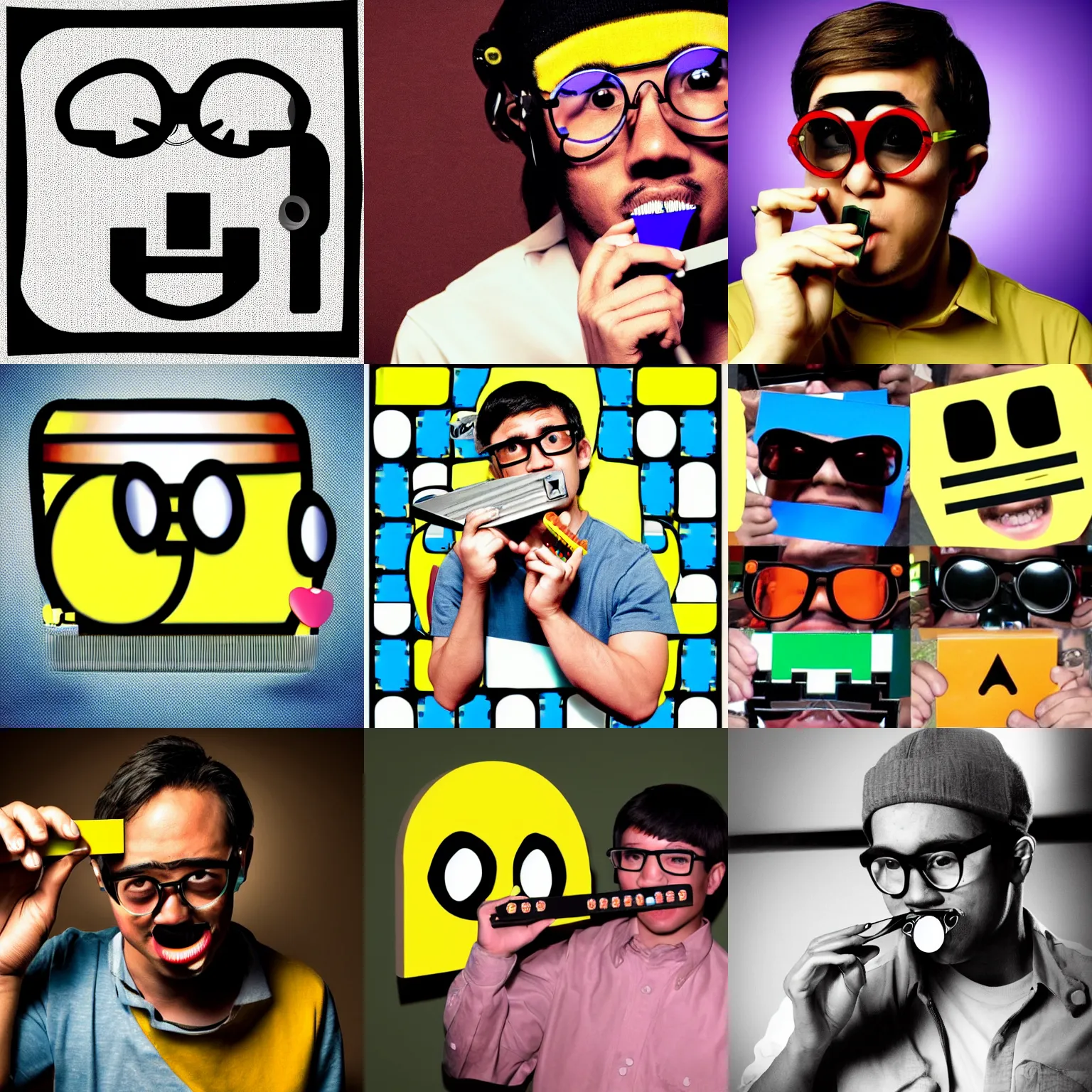 Prompt: pacman wearing nerd glasses playing the harmonica