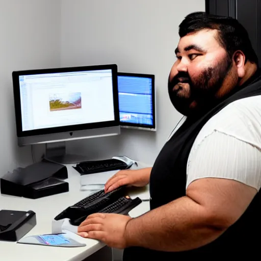 Prompt: a fat bangleshi man with a black beard playing on his 5000 dollar pc