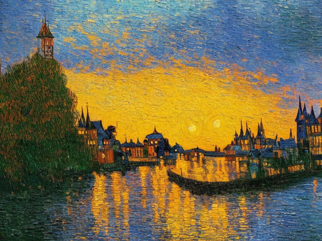 Image similar to trending on artstation, a beautiful German castle next to a river during sunset, oil on canvas, in the style of Vincent van Gogh