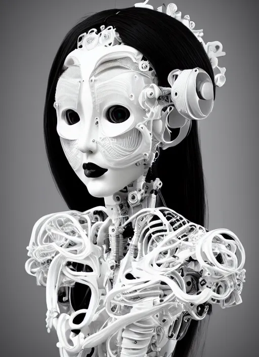 Image similar to black and white dreamy profile face portrait, biomechanical beautiful angelic young female cyborg - robot - doll with long white curly hair, body ribs meshes, volumetric light, hibiscus flowers, rim light, big gothic fashion pearl embroidered collar, 1 9 3 0, 8 k