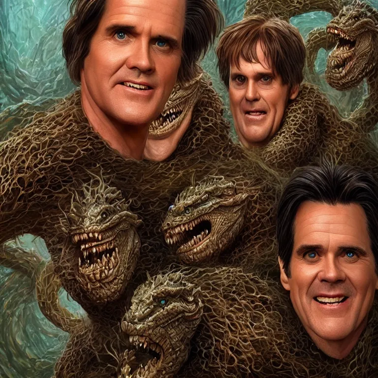 Prompt: hydra of lerna with two heads, one head is jim carey as lloyd christmas, the other head is jeff daniels as harry dunne ( from dumb and dumber ), serpentine water monster, d & d, fantasy, portrait, highly detailed, digital painting, trending on artstation, concept art, sharp focus, illustration, art by artgerm and craig mullins