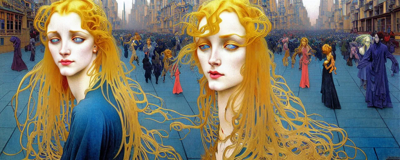 Prompt: realistic extremely detailed full length portrait painting of a girl with blond hair in a crowded modern alien city street by Jean Delville, Amano, Yves Tanguy, Alphonse Mucha, Ernst Haeckel, Edward Robert Hughes, Roger Dean, rich moody colours, blue eyes