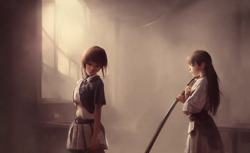 Prompt: School girl holding a katana and standing on an abandoned hospital room, horror sccene,, intricate, elegant, volumetric lighting, digital painting, highly detailed, artstation, sharp focus, illustration, concept art, ruan jia, steve mccurry