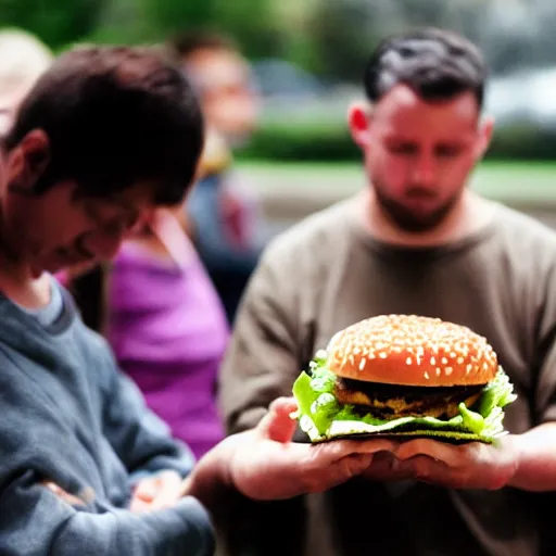 Image similar to people pray behind a hamburger god