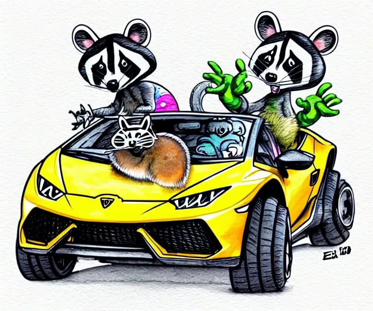 Image similar to cute and funny, racoon wearing a helmet riding in a tiny 2 0 2 0 lamborghini huracan sto, ratfink style by ed roth, centered award winning watercolor pen illustration, isometric illustration by chihiro iwasaki, edited by range murata