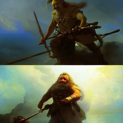 Image similar to art by ivan aivazovsky and syd mead and moebius and gaston bussiere and roger dean and pieter claesz and paul delaroche and alma tadema and aelbert cuyp and willem claesz, live action, a fantasy cinematic close up shot of a dwarf berserker firghting, warhammer, dnd, last stand