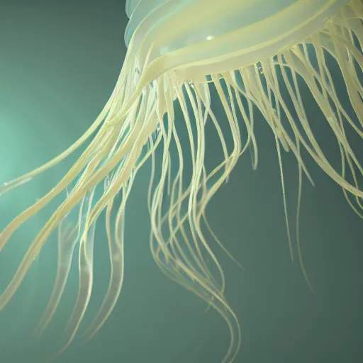 Prompt: side view a group of lion temple jellyfish growing form tree branch, c 4 d, 8 k cleaning future, highly quality penetrating feeling bright light cg cyberpunk