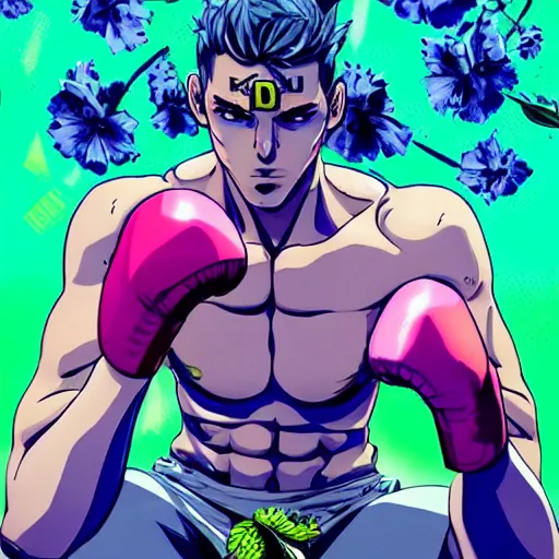 Image similar to handsome boxer, punching, wearing neon boxing outfit, bodybuilder posing, portrait surrounded by hibiscus flowers, jojo cover art, jojo anime style, david production, style of vento aureo cover art, style of stone ocean cover art, style of steel ball run cover art, style of jojolion cover art, ilya kuvshinov style, illustrated by hirohiko araki