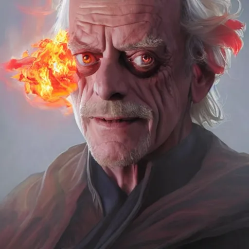 Image similar to Christopher Lloyd as Satan, burning and falling from the sky, full_body!!, dungeons and dragons portrait, highly_detailed!!, digital painting, artstation, concept art, sharp focus, illustration, art by artgerm and greg rutkowski and alphonse mucha