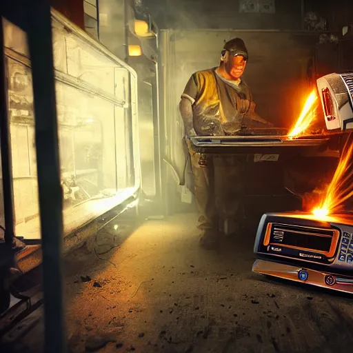 Image similar to cyborg toaster oven repairman, dark messy smoke - filled cluttered workshop, dark, dramatic lighting, orange tint, sparks, plasma rays, cinematic, highly detailed, sci - fi, futuristic, movie still