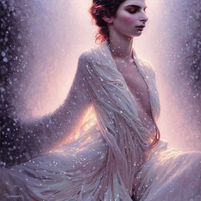 Prompt: psychedelic snowfall Emily Ratajkowski, diffuse lighting, fantasy, intricate, elegant, highly detailed, lifelike, photorealistic, digital painting, artstation, illustration, concept art, smooth, sharp focus, art by John Collier and Albert Aublet and Krenz Cushart and Artem Demura and Alphonse Mucha