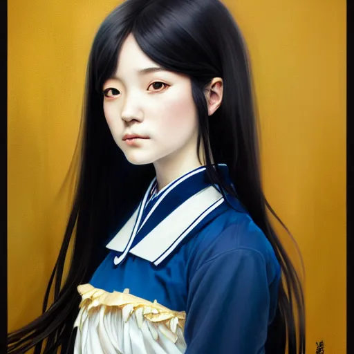 Prompt: Kotegawa Yui, Portrait of a girl with long black hair wearing a partial school uniform with a black skirt and blue top, face, fantasy, intricate, elegant, highly detailed, digital painting, artstation, concept art, smooth, sharp focus, illustration, art by Fernanda Suarez and Artem Demura and alphonse mucha