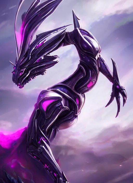 Image similar to cinematic full body, cosmic sized beautiful stunning giant robot mechan hot female dragon goddess, sharp sleek cyborg dragon head, sharp metal ears, smooth purple eyes, smooth fuschia skin, smooth silver armor, nebula, epic proportions, epic scale, macro furry, furry art, dragon art, goddess art, giantess art, warframe, warframe fanart, furaffinity, octane