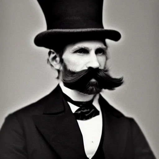 Image similar to A photograph portrait of Jerma in the mid-late 1800s with a top hat and mustache with mutton chops, taken in the mid-late 1800s, taken on a Field View Camera, realistic, hyperrealistic, very realistic, highly detailed, very detailed, extremely detailed, detailed, digital art, trending on artstation