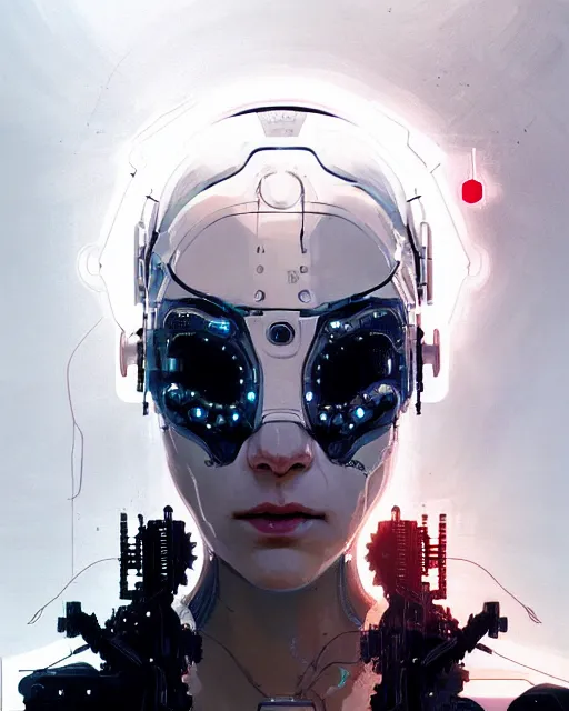 Image similar to cyborg removing her human mask revealing wires and gears behind her face, white mask, futuristic, y2k aesthetic, dramatic lighting, illustration by Greg rutkowski, yoji shinkawa, 4k, digital art, concept art, trending on artstation