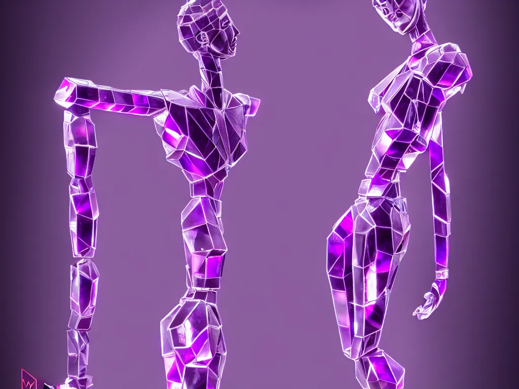 Image similar to beautiful mannequin sculpted out of amethyst by billelis + lit with purple 3 d geometric neon + chrome geometric cubed bonsai plants!!!!, doorway opening with neon pink geometric light, clean linework, dramatic, finely detailed, rule of thirds, moody, confident, award winning, 4 k, trending on artstation, photorealistic, volumetric lighting, octane render