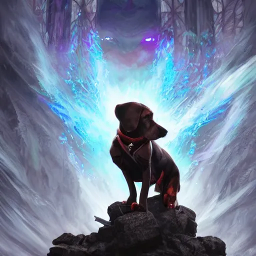 Image similar to Dog, Anthropomorphized, casting epic spell, magic the gathering artwork, D&D, fantasy, cinematic lighting, centered, symmetrical, highly detailed, digital painting, artstation, concept art, smooth, sharp focus, illustration, volumetric lighting, epic Composition, 8k, art by Akihiko Yoshida and Greg Rutkowski and Craig Mullins, heroic pose, oil painting, cgsociety, magic lab background