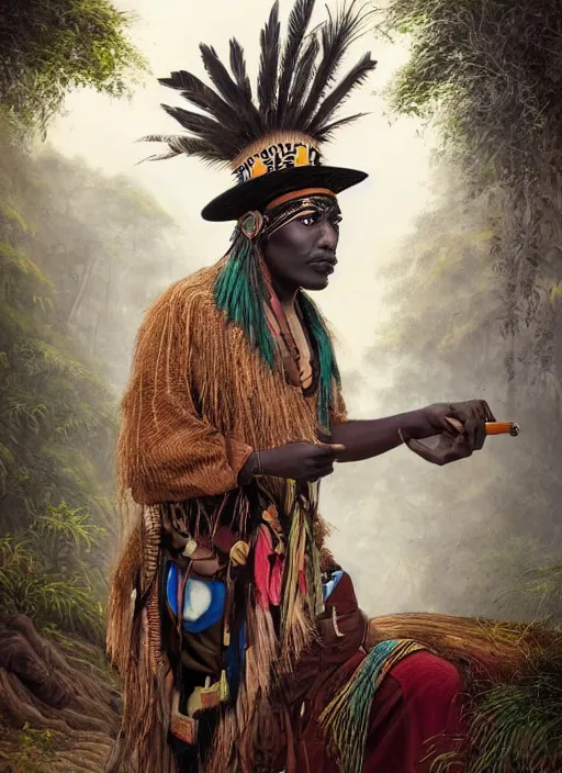 Image similar to a beautiful portrait of an indigenous man with black skin with a wide hat in the jungle, surrounded by smoke, smoking a pipe, mysterious atmosphere, fantasy art, matte painting, highly detailed