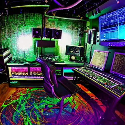 Prompt: music studio with giant Sub woofer, mixers, electronics, cables, and abstract texture on LSD, DMT, MDMA