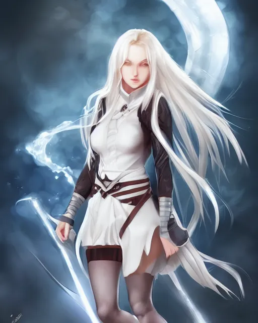 Image similar to The successful warrior is the average man, with laser-like focus, artwork by artgerm, anime, elegant, seductive, long white hair, knee high socks, short plaid skirt, white blouse, full shot, wide-shot, long-shot, fantasy, mystical, magical