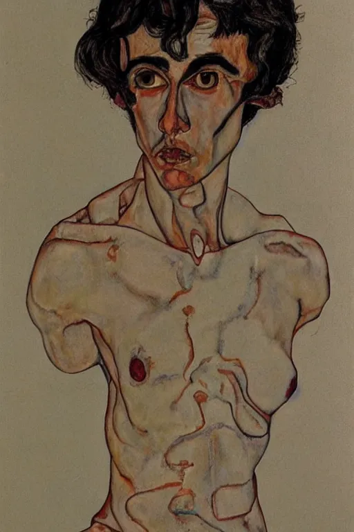 Image similar to a full body character in style of egon schiele and heracut, masterpiece, hyperdetailed, complex, intricate, veiled, 8 k, 4 k, dynamic!!, distorted pose!!, trending on artstation,