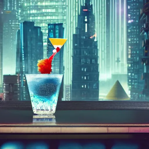 Image similar to a 3 d rendered movie still, 4 k, wide - angle medium - shot. on top of a bar, a blue hawaiian martini martini next to a small origami bird. a dart board on a wall in the background. it's happy hour, high - energy. imax, 7 0 mm dramatic lighting, digital art, photorealistic, ultra detail blade runner