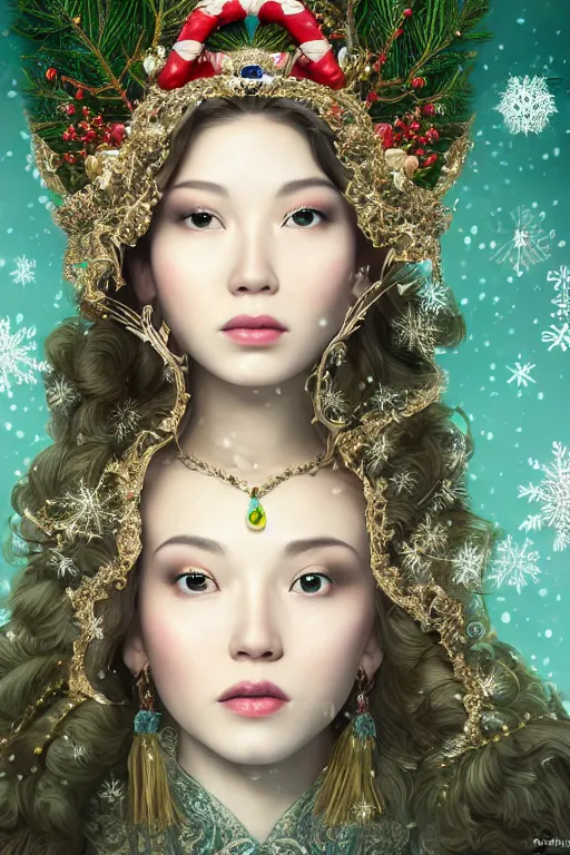 Image similar to a beautiful empress portrait, with a brilliant, impossible striking big Christmas tree headpiece, Santa clothes, everything Christmas, snow, Christmas ornaments, symmetrical, dramatic studio lighting, rococo, baroque, greens, asian, hyperrealism, closeup, D&D, fantasy, intricate, elegant, highly detailed, digital painting, artstation, octane render, 8k, concept art, matte, sharp focus, illustration, art by Artgerm and Greg Rutkowski and Alphonse Mucha