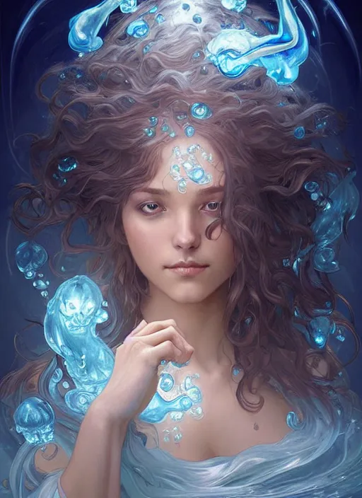 Image similar to a cute water elemental, with hands and hair turning into water, fantasy, intricate, elegant, highly detailed, digital painting, artstation, concept art, wallpaper, smooth, sharp focus, illustration, art by artgerm and greg rutkowski and alphonse mucha