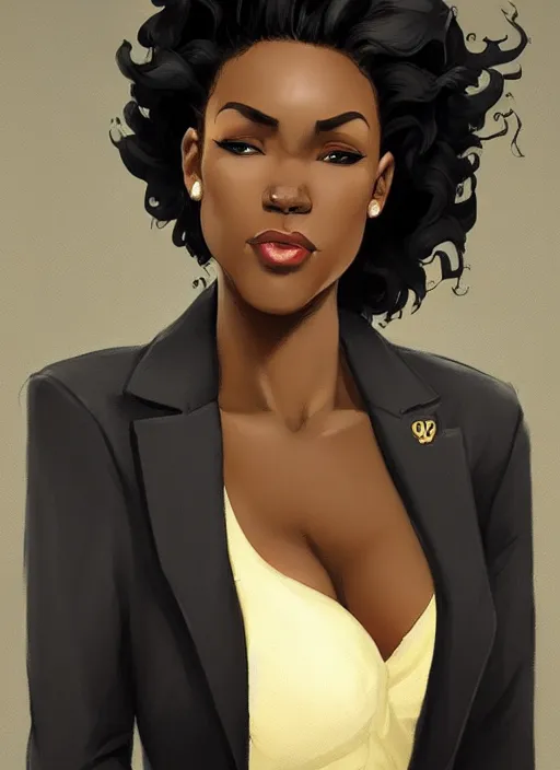 Prompt: detailed digital painting of beautiful black woman in corporate attire with natural hair, fanart behance trending on artstation, concept art, matte, sharp focus, illustration, super hero pose, hearthstone, art by artgerm and greg rutkowski and alphonse mucha