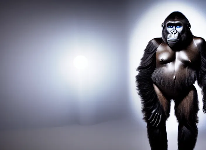 Image similar to studio photo still of a full body gorilla in a space suit, 8 k, studio lighting, key light from right side,