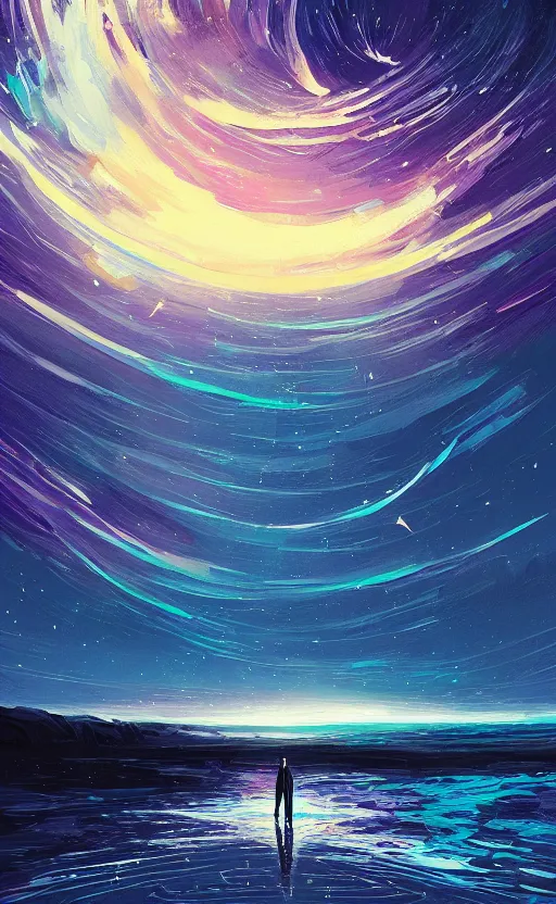 Prompt: a beautiful illustration of interstellar, art of alena aenami, featured on artstation, vertical orientation, paint brush strokes, expressionism, brushstroke - laden, breathtaking clouds, birds, ocean, beautiful stars, long exposure, big moon radius, airy midnight theme, blue purple gradient, lens flare