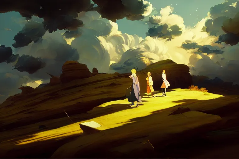 Image similar to baroque oil painting of anime key visual concept art, rule of thirds, dynamic lighting, cinematic, fake hidden detail, acrylic painting, trending on pixiv fanbox, palette knife and brush strokes, style of makoto shinkai jamie wyeth james gilleard edward hopper greg rutkowski studio ghibli genshin impact