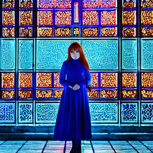 Image similar to redhead girl, blue dress, detailed, nasirolmolk mosque, colorful lights, by john howe _ h 7 0 4