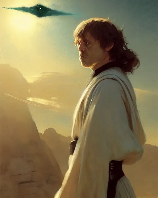 Image similar to luke skywalker, jedi knight. fantasy science fiction art by greg rutkowski, gustave courbet, rosa bonheur, edward hopper. faithfully depicted facial expression, perfect anatomy, sharp focus, global illumination, radiant light, detailed and intricate environment, trending on artstation