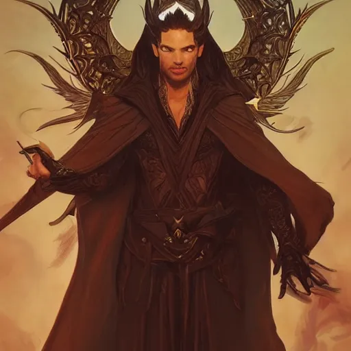 Image similar to lucifer morningstar, d & d, fantasy, intricate, elegant, highly detailed, digital painting, artstation, concept art, smooth, sharp focus, illustration, art by artgerm and greg rutkowski and alphonse mucha