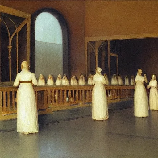 Image similar to procession of ivory golden women in a soviet abandoned temple, dripping watercolor by hammershøi, highly detailed, art nouveau wallpaper, lights by edward hopper, liminal, eerie, pastel colors, limited palette