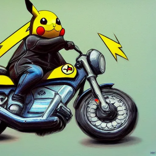 Prompt: pikachu, motorcycle, pikachu riding motorcycle, nestor canavarro hyperrealist art style, sharp brushstrokes