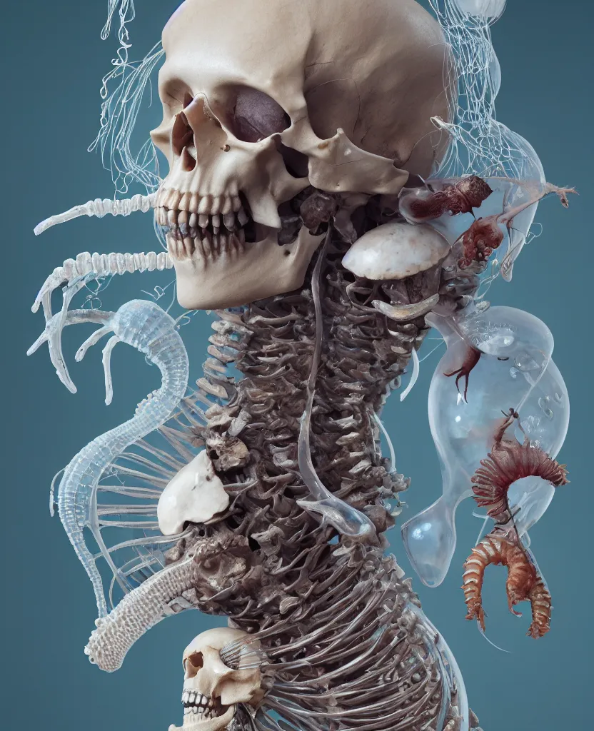 Image similar to goddess close-up portrait skeleton, ram skull, skeleton, thorax, x-ray, backbone, jellyfish phoenix head, nautilus, orchid, skull, betta fish, bioluminiscent creatures, intricate artwork by Tooth Wu and wlop and beeple. octane render, trending on artstation, greg rutkowski very coherent symmetrical artwork. cinematic, hyper realism, high detail, octane render, 8k