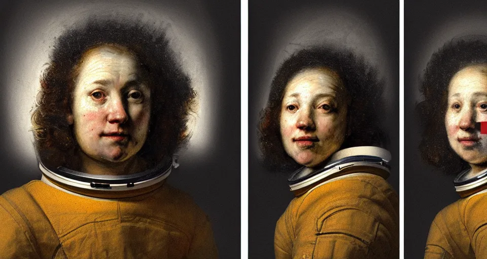 Prompt: a triptych of close up portraits of a very ordinary young woman in a NASA spacesuit, by rembrandt, colorful screenprint and scrawled charcoal lettering, anatomically correct, beautiful perfect face, sharp focus, Highly Detailed, Cinematic Lighting, 8k, HD