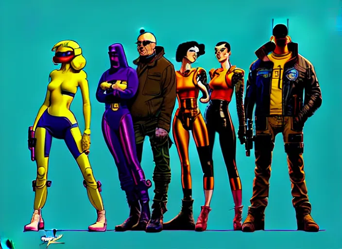 Image similar to cyberpunk heist crew. portrait by stonehouse and mœbius and will eisner and gil elvgren and pixar. character design. realistic proportions. cyberpunk 2 0 7 7 character art, blade runner 2 0 4 9 concept art. cel shading. attractive face. thick lines. the team. diverse characters. artstationhq.