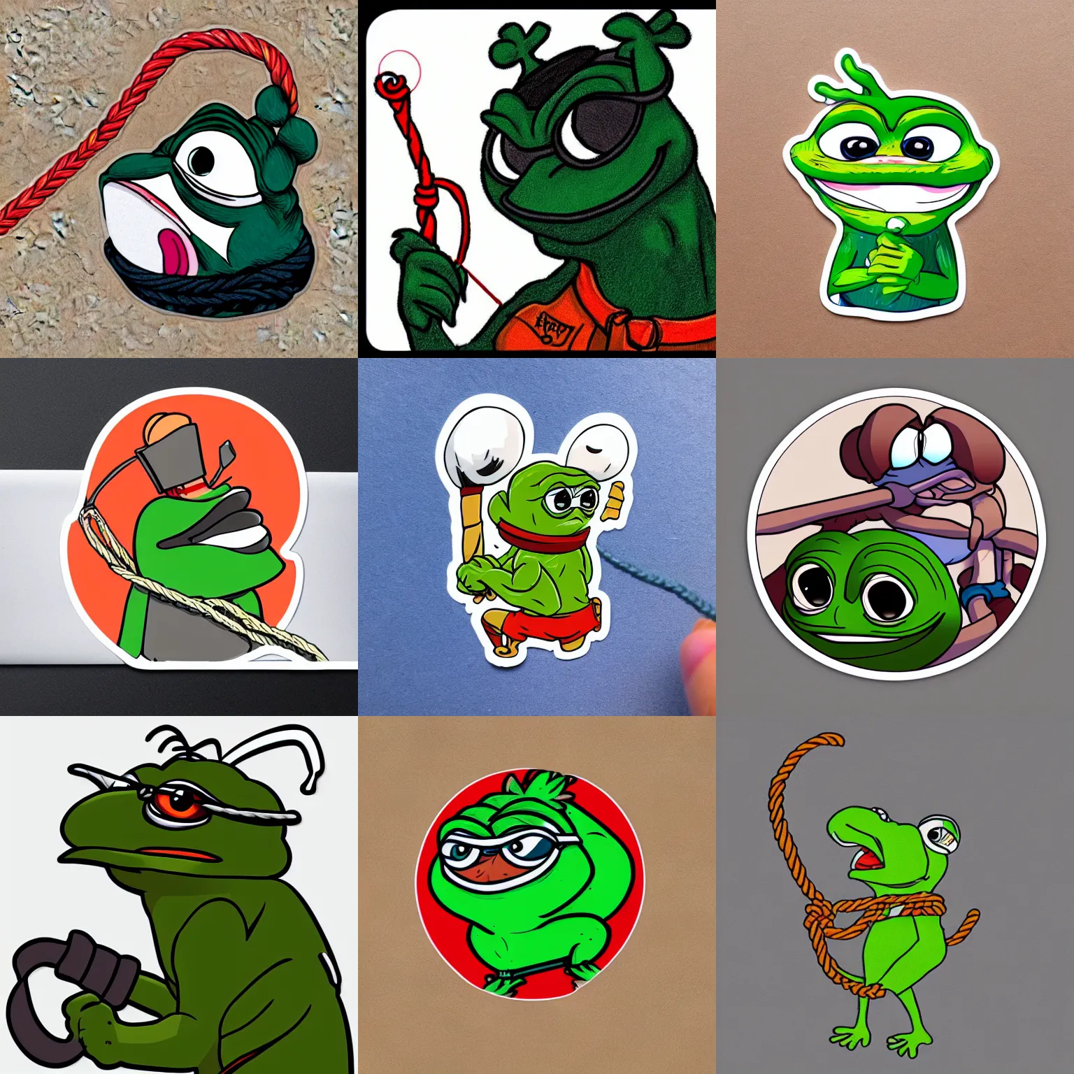 Image similar to a sticker illustration of pepe with a rope, highly detailed, carefully drawn, meme, artstation, artstationHQ, artstationHD, behance