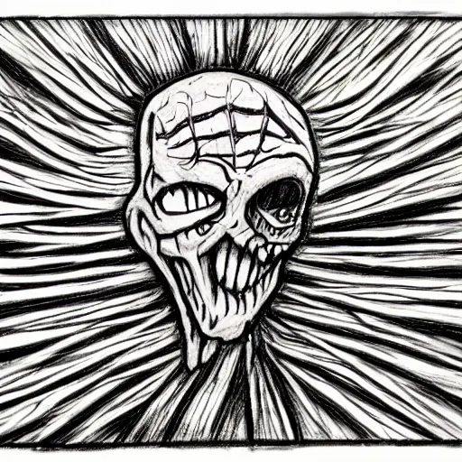 Image similar to a scary horror themed wooden shred drawn with charcoal and pen and ink, half-tone-line-stacking