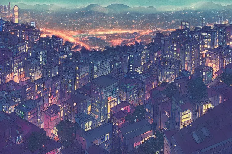 Image similar to a view of a city, at night, from a hill, vibes, cozy, lofi, by wlop, poster, anime key visual, high details