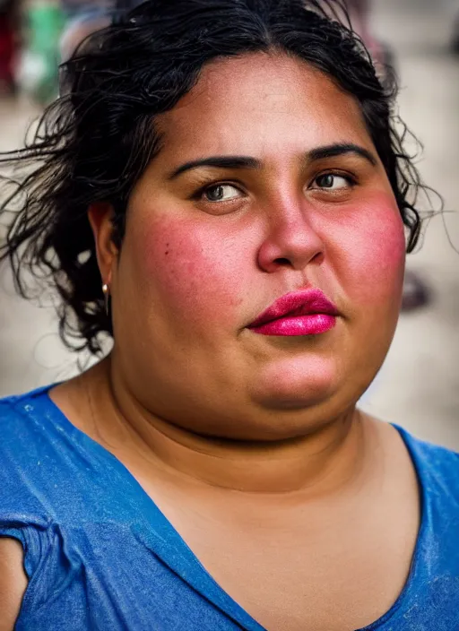 Image similar to close up portrait of a beautiful, chubby, 30-year-old woman from Cuba, happy, candid street portrait in the style of Martin Schoeller, award winning, Sony a7R